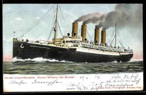 AK Passagierschiff Kaiser Wilhelm der Grosse vom Norddeutschen Lloyd in Fahrt