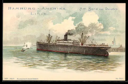 Lithographie Passagierschiff der Hamburg-Amerika-Linie verlässt den Hafen