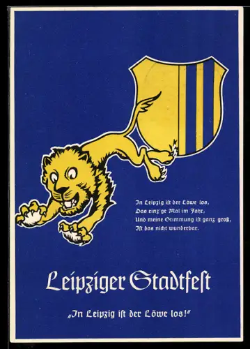 AK Leipzig, Leipziger Stadtfest 1939, Löwe springt vom Wappen, In Leipzig ist der Löwe los, Ganzsache