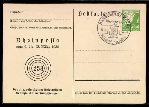 AK Köln, Rheinposta 1938, Alter Entwertungsstempel, Ganzsache