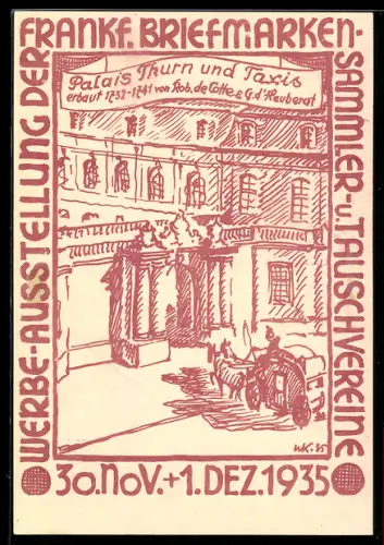 Künstler-AK Frankfurt, Werbe-Ausstellung der Frankf. Briefmarken-Sammler 1935, Palais Thurn und Taxis, Ganzsache