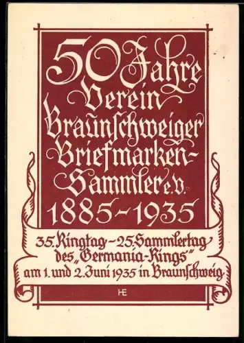 AK Braunschweig, 50 Jahre Verein der Briefmarkensammler 1885-1935, Ganzsache