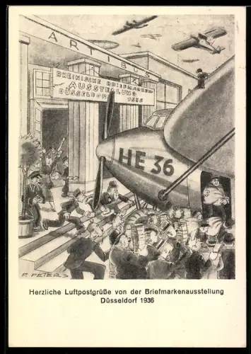 Künstler-AK Düsseldorf, Rheinische Briefmarken-Ausstellung 1936, Männer laden Post-Flugzeug aus, Ganzsache