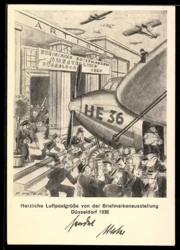 Künstler-AK Düsseldorf, Rheinische Briefmarken-Ausstellung 1936, Luftpostgrüsse Luftpost, Ganzsache