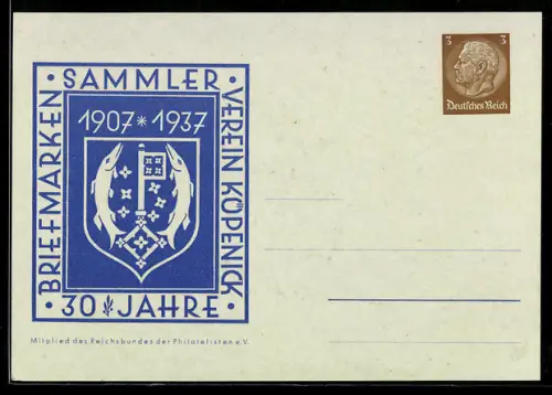 AK Berlin-Köpenick, 30 Jahre Briefmarken-Sammler-Verein 1937, Wappen, Ganzsache