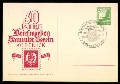 AK Berlin, Ausstellung 30 Jahre Briefmarken-Sammler-Verein Köpenick 1937, Briefmarke, Ganzsache, 