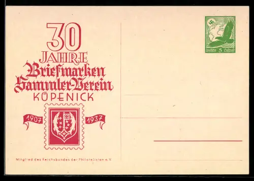 AK Berlin, Ausstellung 30 Jahre Briefmarken-Sammler-Verein Köpenick 1937, Briefmarke, Ganzsache, 