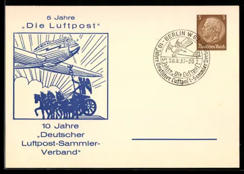 AK Berlin ,10 Jahre Deutscher Luftpost-Sammlerverband, Flugzeug über der Quadriga, Ganzsache