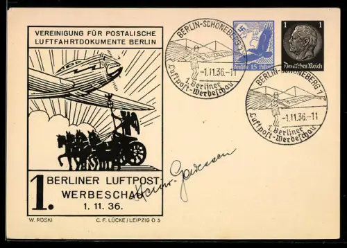 AK Berlin-Schöneberg, 1. Berliner Luftpost-Werbeschau im November 1936, Ganzsache, Ausstellung