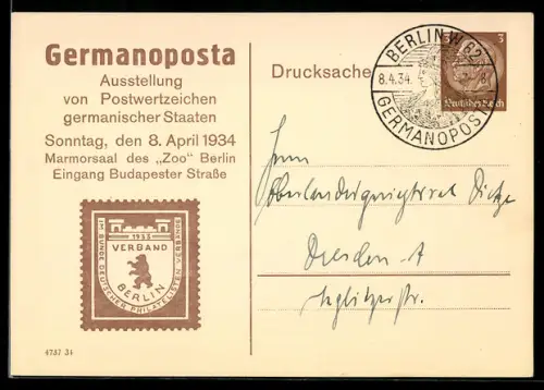 AK Ganzsache C122 C3 /02, Berlin, Germanoposta, Ausstellung von Postwertzeichen germanischer Staaten 1934