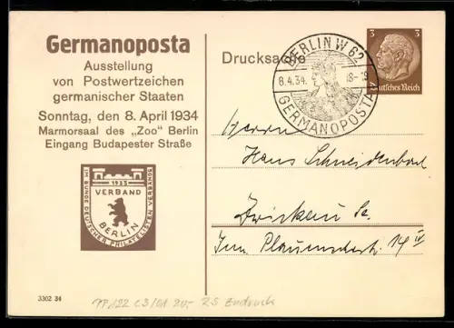 AK Ganzsache PP 122 C3 /01, Berlin, Germanoposta, Ausstellung von Postwertzeichen germanischer Staaten 1934