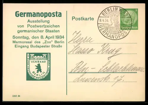 AK Berlin, Germanoposta, Ausstellung von Postwertzeichen germanischer Staaten 1934, Ganzsache