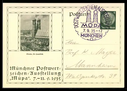 AK München, Postwertzeichen-Ausstellung Müpa 1935, Die Frauenkirche, Ganzsache