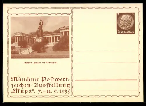 AK München, Postwertzeichen-Ausstellung Müpa 1935, Bavaria mit Ruhmeshalle, Ganzsache