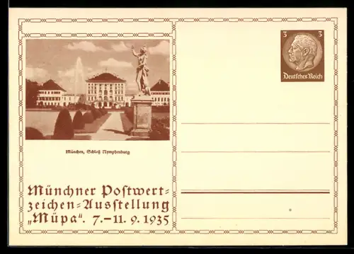 AK München, Postwertzeichen-Ausstellung Müpa 1935, Schloss Nymphenburg, Ganzsache