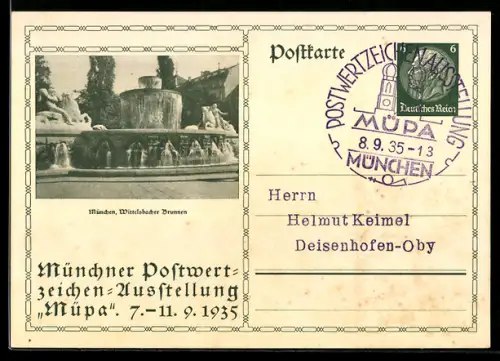 AK München, Postwertzeichen-Ausstellung Müpa 1935, Wittelsbacher Brunnen, Ganzsache