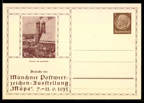 AK München, Postwertzeichen-Ausstellung Müpa 1935, Die Frauenkirche, Ganzsache