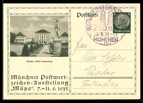 AK München, Postwertzeichen-Ausstellung Müpa 1935, Schloss Nymphenburg, Ganzsache