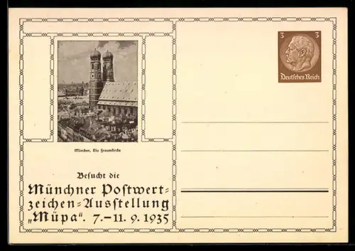 AK München, Postwertzeichen-Ausstellung Müpa 1935, Die Frauenkirche, Ganzsache