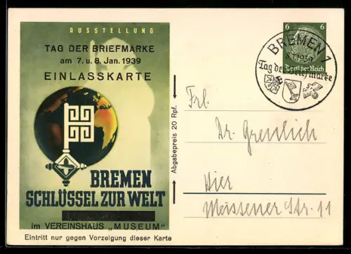 AK Bremen, Tag der Briefmarke 1939, Schlüssel zur Welt, Ausstellung, Ganzsache