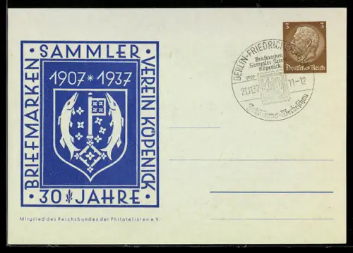 AK Köpenick, Briefmarken-Sammler-Verein 30 Jahre, 1937, Ganzsache