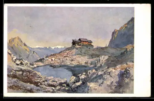 Künstler-AK Eduard Manhart: Karlsbader Hütte, Lienzer Dolomiten