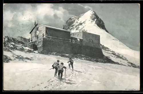 Künstler-AK Edward Theodore Compton: Bergsteiger erreichen das Glocknerhaus auf der Elisabethruhe