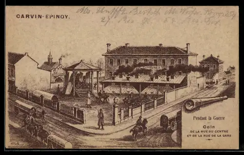 Künstler-AK Carvin-Epinoy, Coin de la Rue du Centre et de la Rue de la Gare
