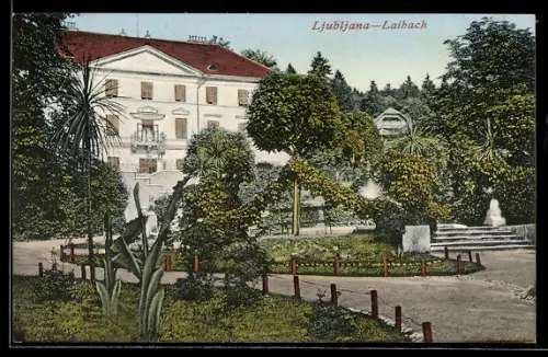 AK Ljubljana, Parkpartie mit Villa und Springbrunnen
