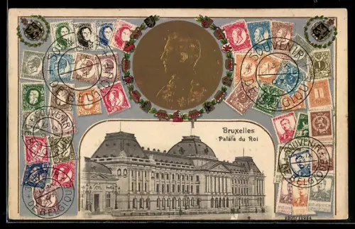 AK Bruxelles, Palais du Roi, Briefmarkencollage