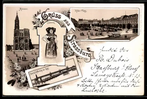 Lithographie Strassburg, Münster, Kleber-Platz, Frau in Elsässischer Tracht