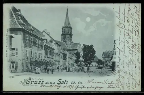 AK Sulz /Ob.-Els., Marktplatz mit Kirche und Brunnen