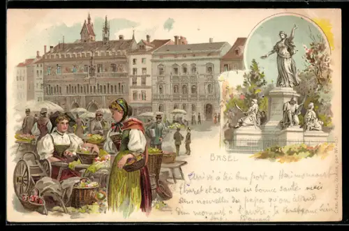 Lithographie Basel, Marktszene mit Marktständen und Denkmal
