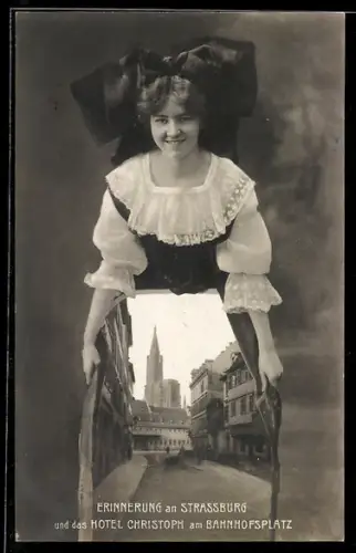 AK Strassburg, Hotel Christoph am Bahnhofsplatz, Frau mit Strassenansicht