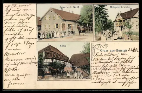 AK Berstett, Epicerie G. Wolff, Metzgerei L. Michel, Mühle