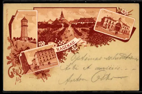 Lithographie Hagenau, Blick vom Bahnhof zur Stadt, Hopfenhalle, Dragonerkaserne, Wasserturm