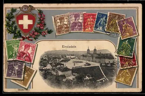 AK Einsiedeln, Ortsansicht aus der Vogelschau, Briefmarken