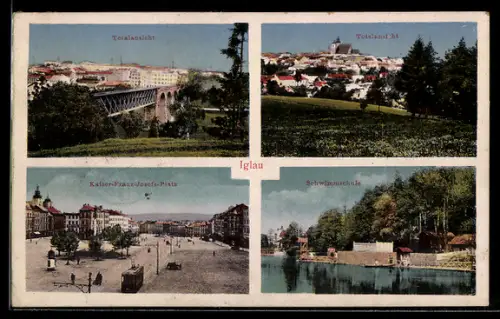 AK Iglau, Totalansicht, Kaiser-Franz-Josefs-Platz und Partie an der Schwimmschule