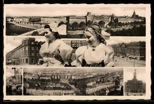 AK Königgrätz-Hradec Kralove, Stadtansicht vom Flugzeug, Platz vor dem Rathaus, Brückenpartie, Frauen in Trachten