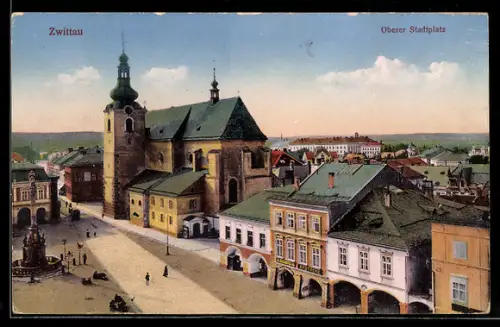 AK Zwittau, Oberer Stadtplatz mit Kirche