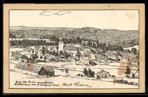 Künstler-AK Liebenau in Oberösterreich, Kirche und Ort mit Wald