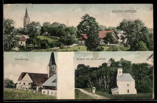 AK Andrichsfurt, Panorama mit Pfarrkirche und Bründl