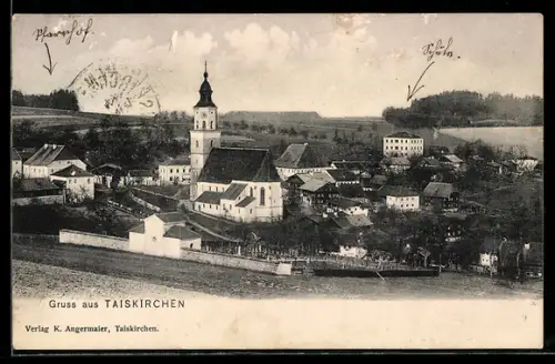 AK Taiskirchen, Panorama mit Kirche und Häusern