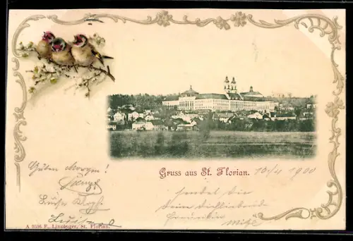 Lithographie St. Florian, Teilansicht mit Stift, Vögel auf Zweig, Lithographie