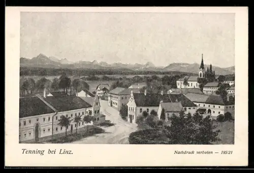 AK Kirchberg-Thening, Tenning bei Linz, Strassenpartie mit Kirche