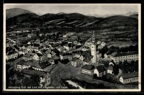 Künstler-AK Hörsching bei Linz, Teilansicht mit Flughafen und Lager