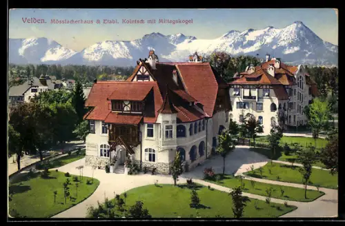 AK Velden am Wörthersee, Mösslacherhaus und Etablissement Kointsch mit Mittagskogel