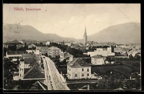 AK Villach, Strassenpartie, Im Hintergrund Kirche