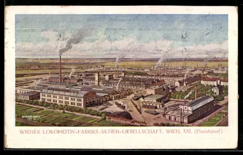 Künstler-AK Wien-Floridsdorf, Fabrik der Wiener Lokomotiv-Fabriks AG