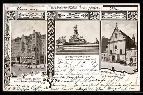 AK Wien, Brunnen von Raph. Donner, Hotel Meissl u. Schadn, Kapuzinerkloster